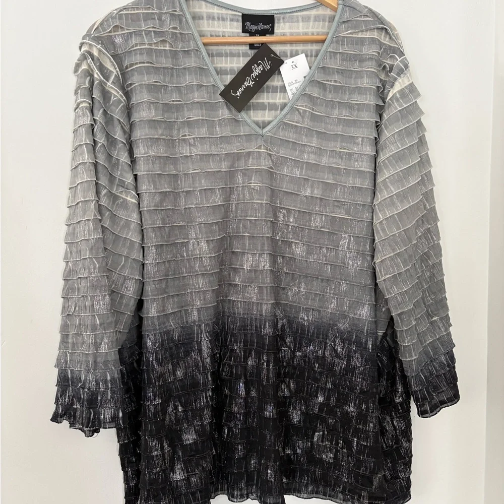 MAGGIE BARNES 3X NWT Silver Metallic Black V Neck Top 3/4 Sleeve Pleated Ruffle - Picture 14 of 15